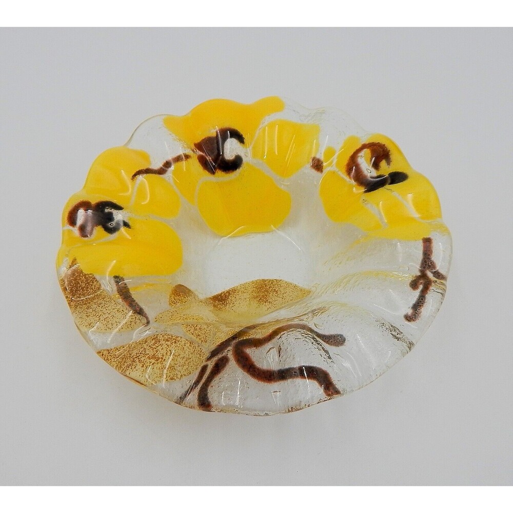 Sydenstricker Fused Glass Yellow Orchid Flower Ruffled Bowl Trinket 6-3/4 Inch
